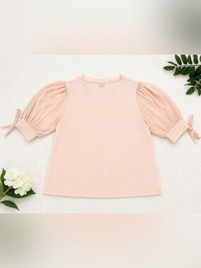 LOFT Pale Pink V-Neck Puff Sleeve Top